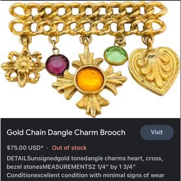 Vintage Gold-tone Costume Dangle Charm Chain Bar Brooch - Picture 17 of 17